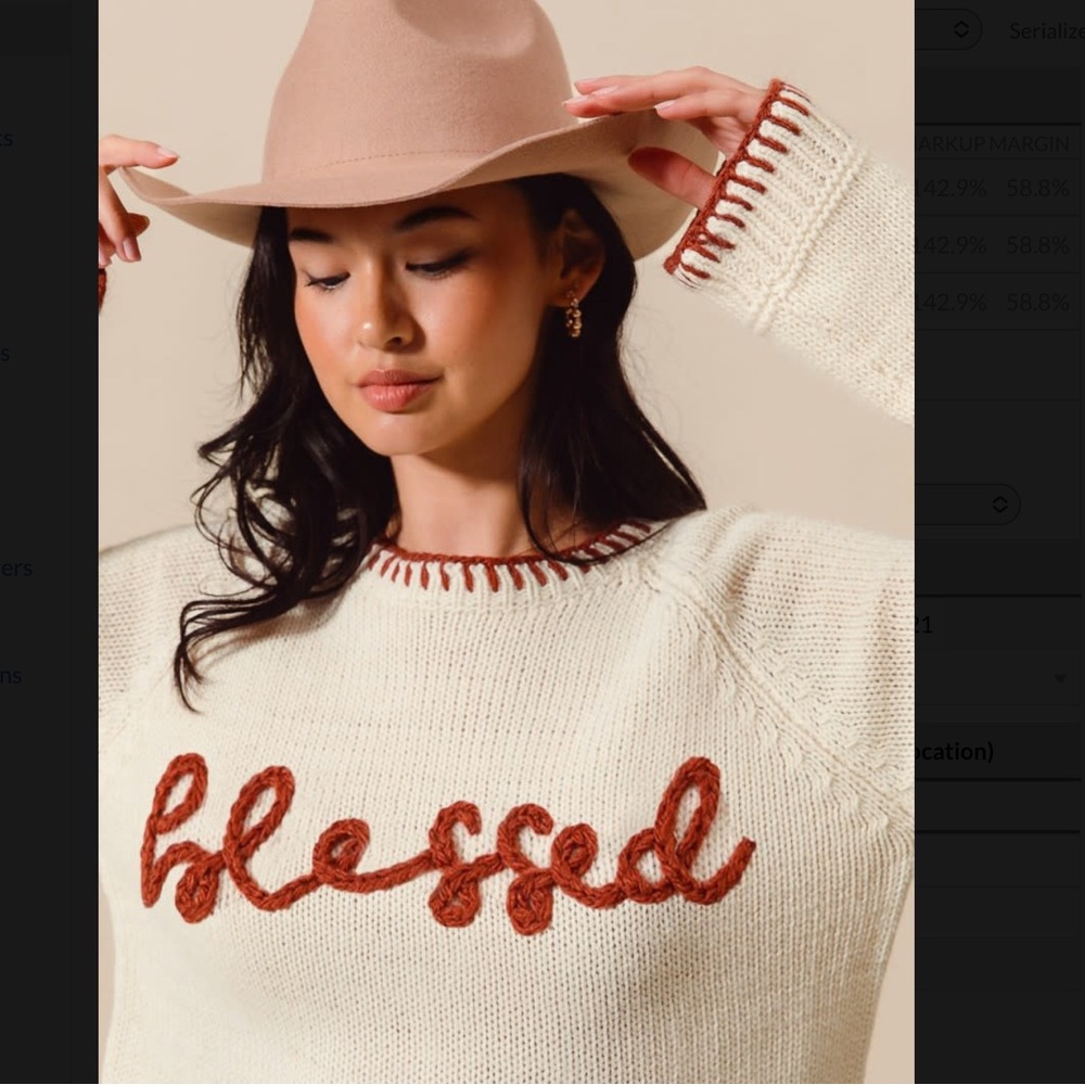 Blessed Lettering Sweater w/Stitching Ivory/Brick